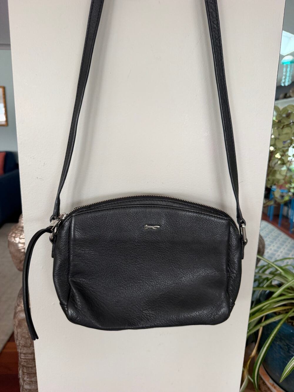 Paul Costelloe Black Pebbled Leather Handbag Silver Logo Zip Top Classic